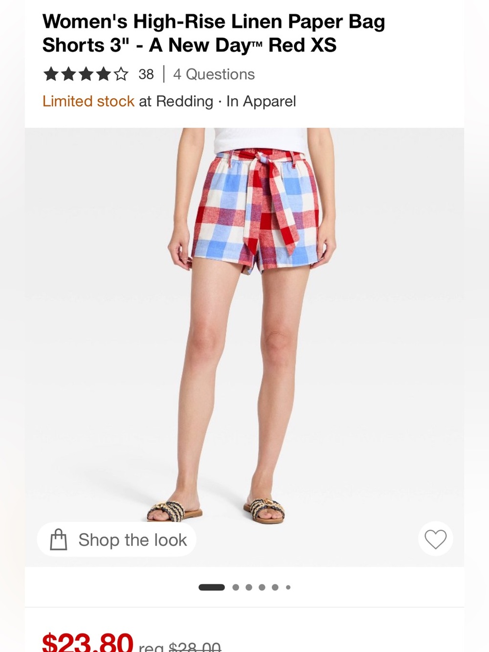 a new day Women's High-Rise Linen Paper Bag Shorts - Red Plaid